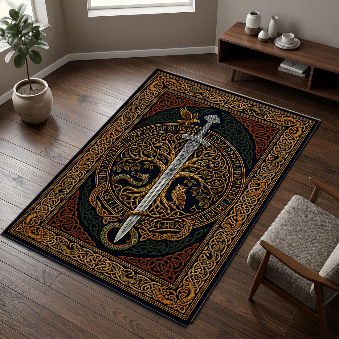 Viking Yggdrasil Tree of Life Rug - Viking Sword Rug, Norse Mythology Area Rug, Celtic Knot Decor