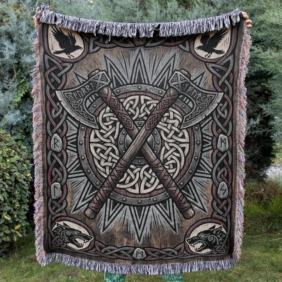 Viking Blanket - Viking Axe Shield Woven Blanket, Norse Warrior Tapestry, Celtic Knotwork Throw