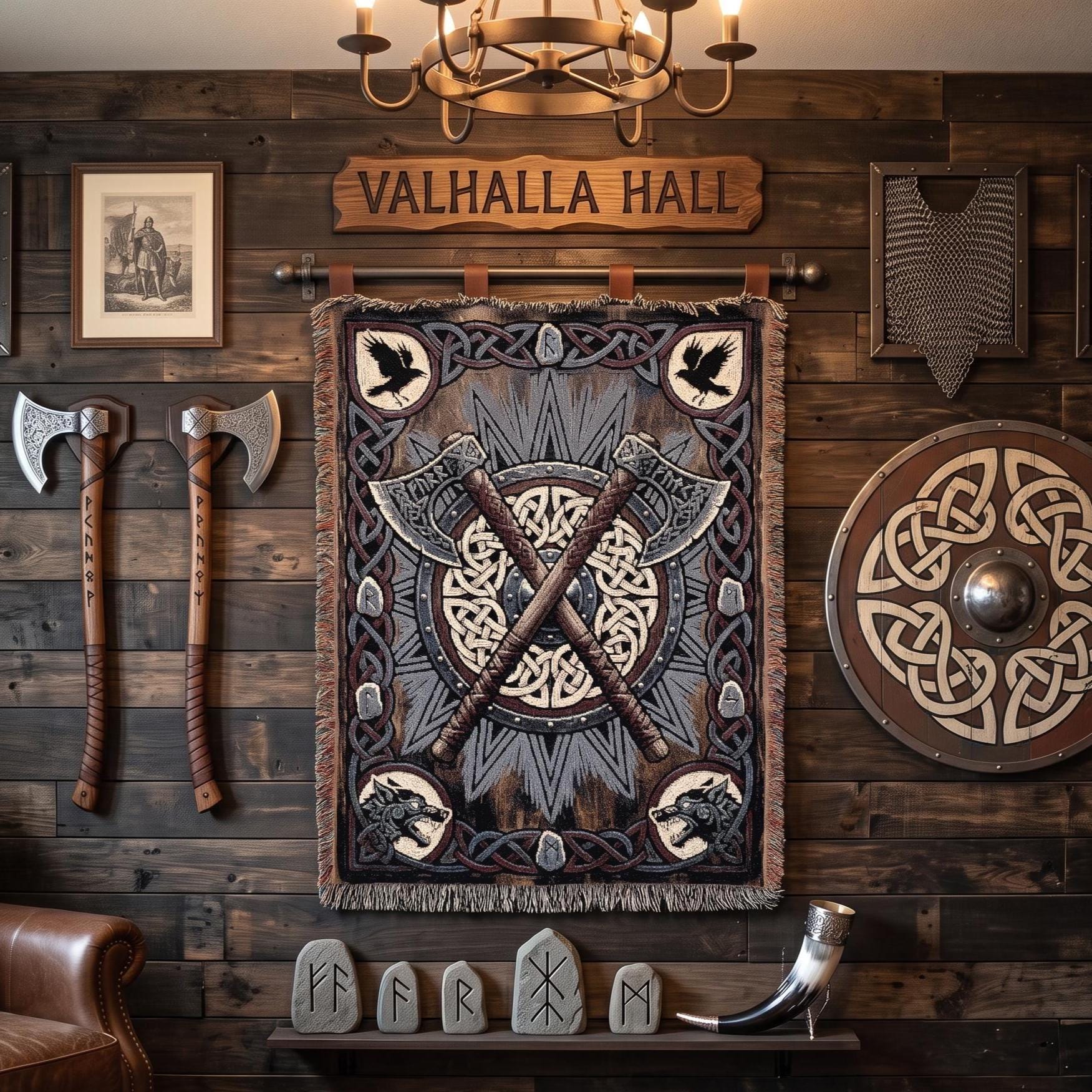 Viking Blanket - Viking Axe Shield Woven Blanket, Norse Warrior Tapestry, Celtic Knotwork Throw