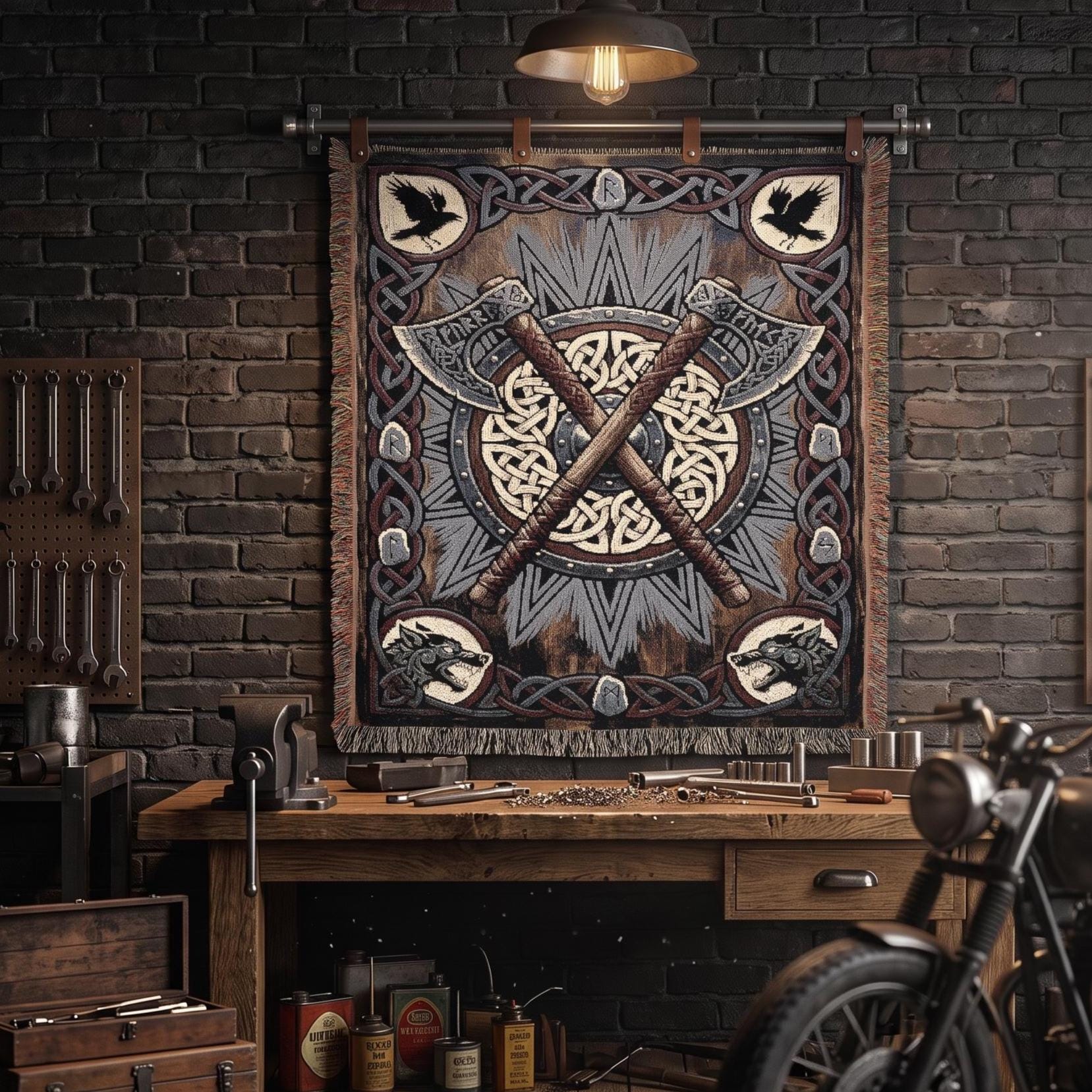 Viking Blanket - Viking Axe Shield Woven Blanket, Norse Warrior Tapestry, Celtic Knotwork Throw
