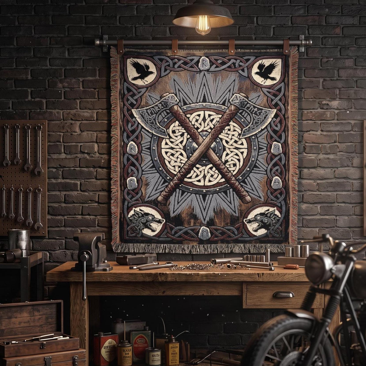 Viking Blanket - Viking Axe Shield Woven Blanket, Norse Warrior Tapestry, Celtic Knotwork Throw