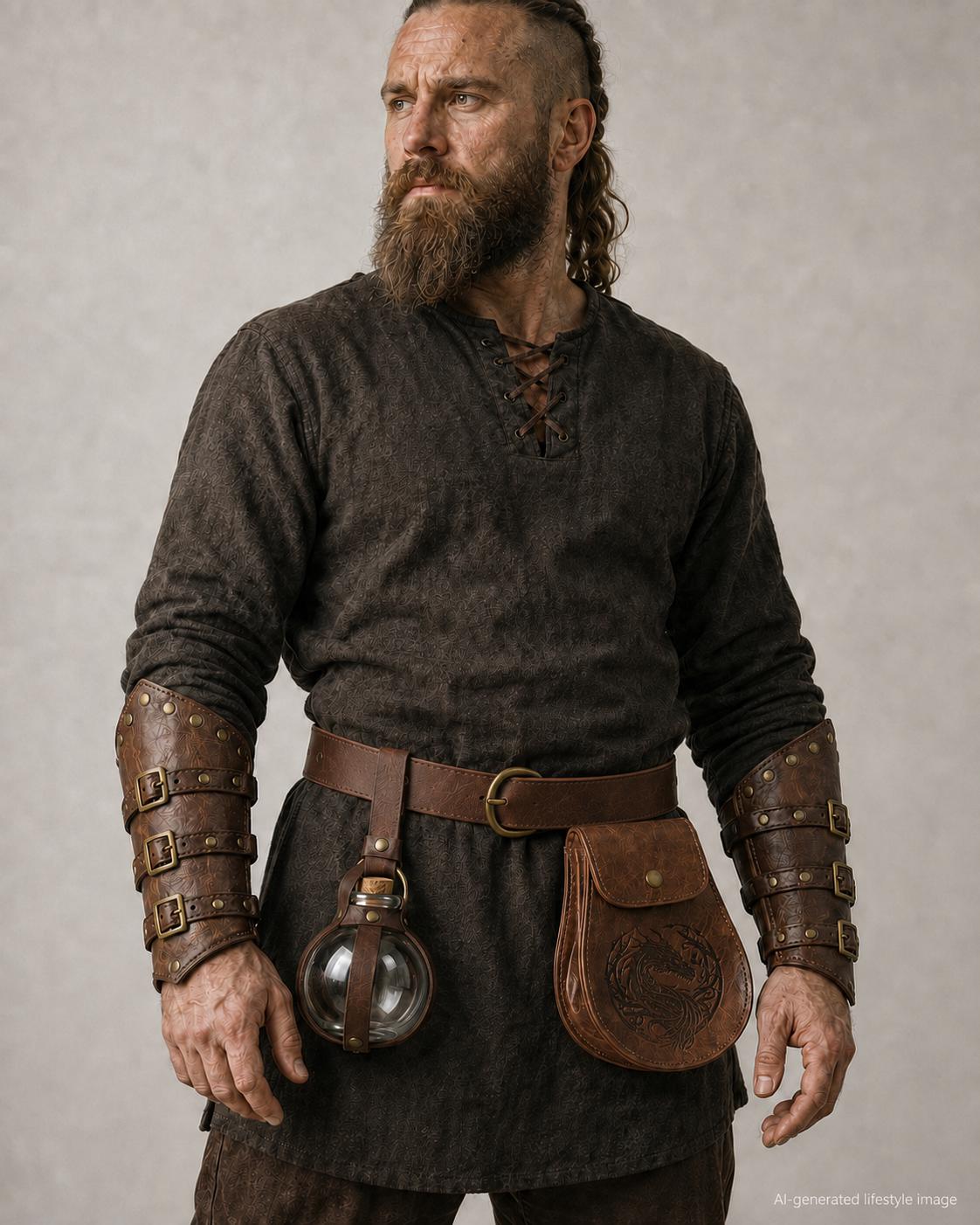 Viking Costume & LARP - 2pc Viking Fur Trim Bracers, Real Rabbit Fur Medieval Leather Arm Warmers