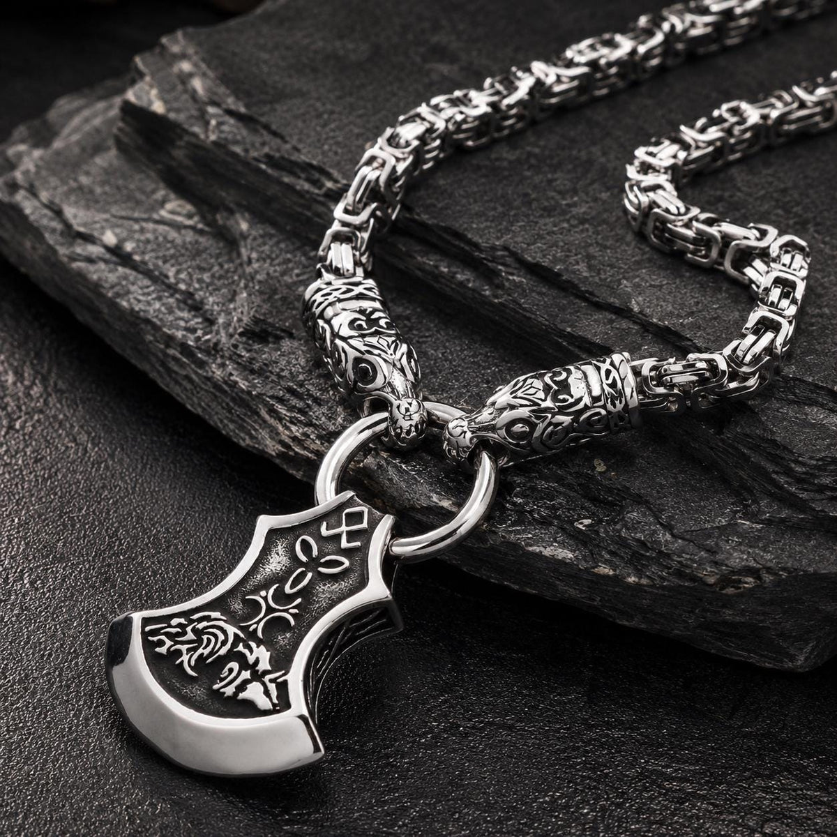 Viking Wolf Necklace - Men's Titanium Steel Viking Wolf Axe Pendant Necklace, Norse Mythology