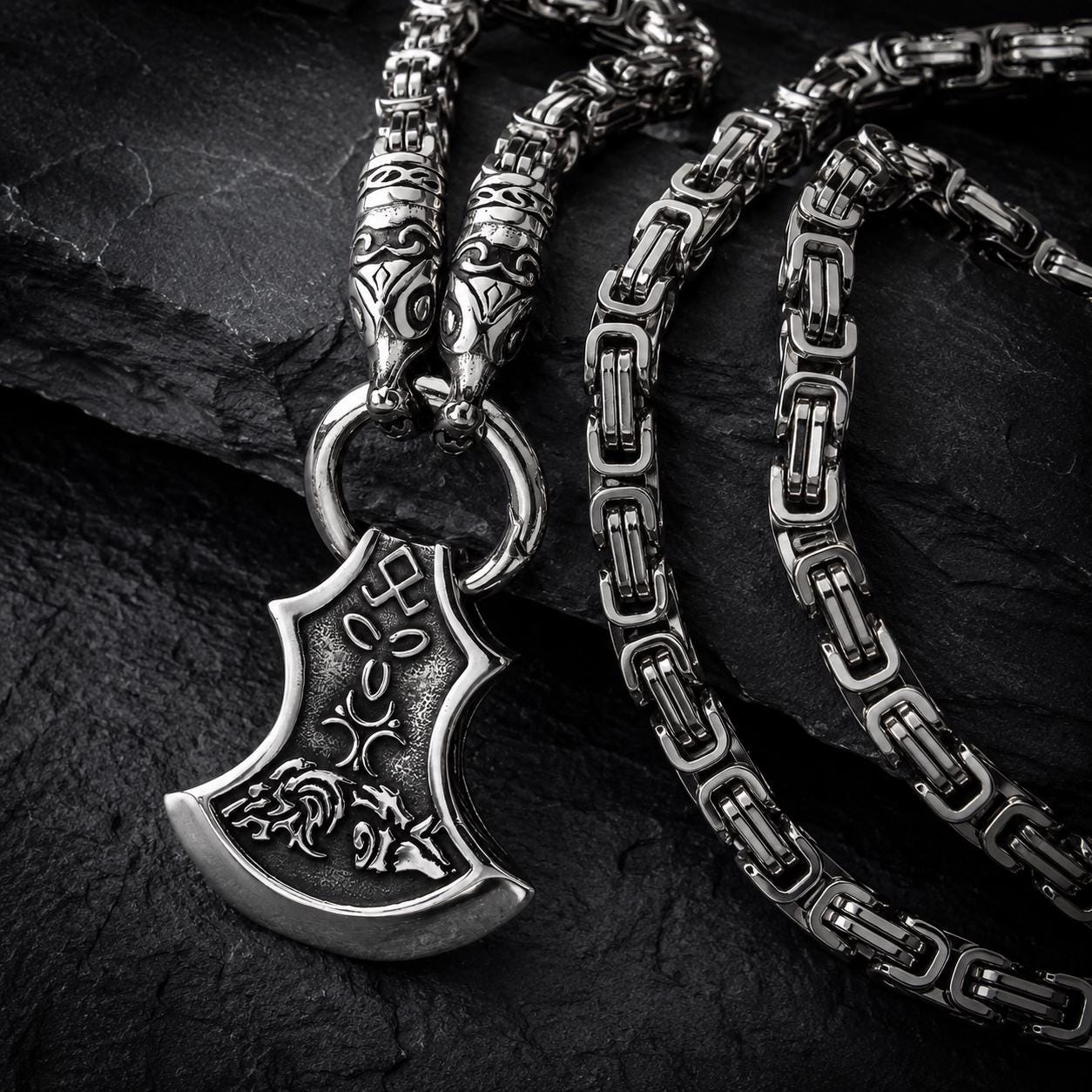 Viking Wolf Necklace - Men's Titanium Steel Viking Wolf Axe Pendant Necklace, Norse Mythology
