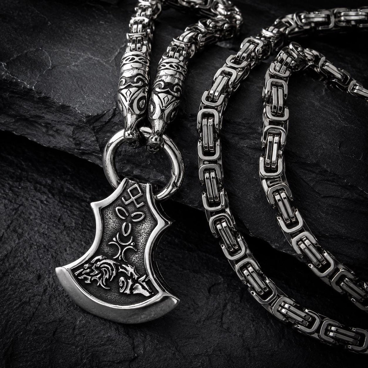 Viking Wolf Necklace - Men's Titanium Steel Viking Wolf Axe Pendant Necklace, Norse Mythology