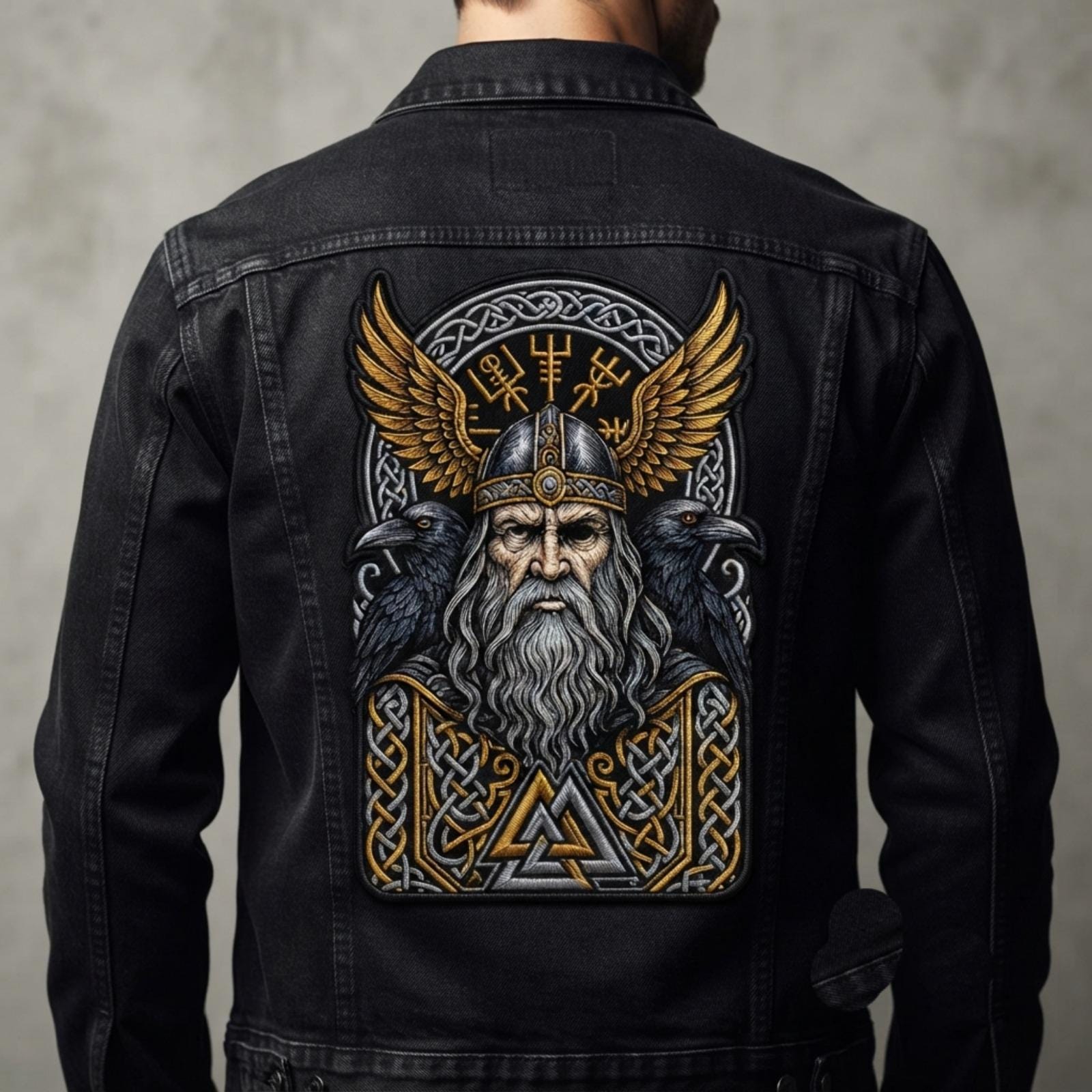 Viking Raven Jacket - Viking Warrior Raven Embroidered Patch, Norse Mythology Nordic Jacket Back