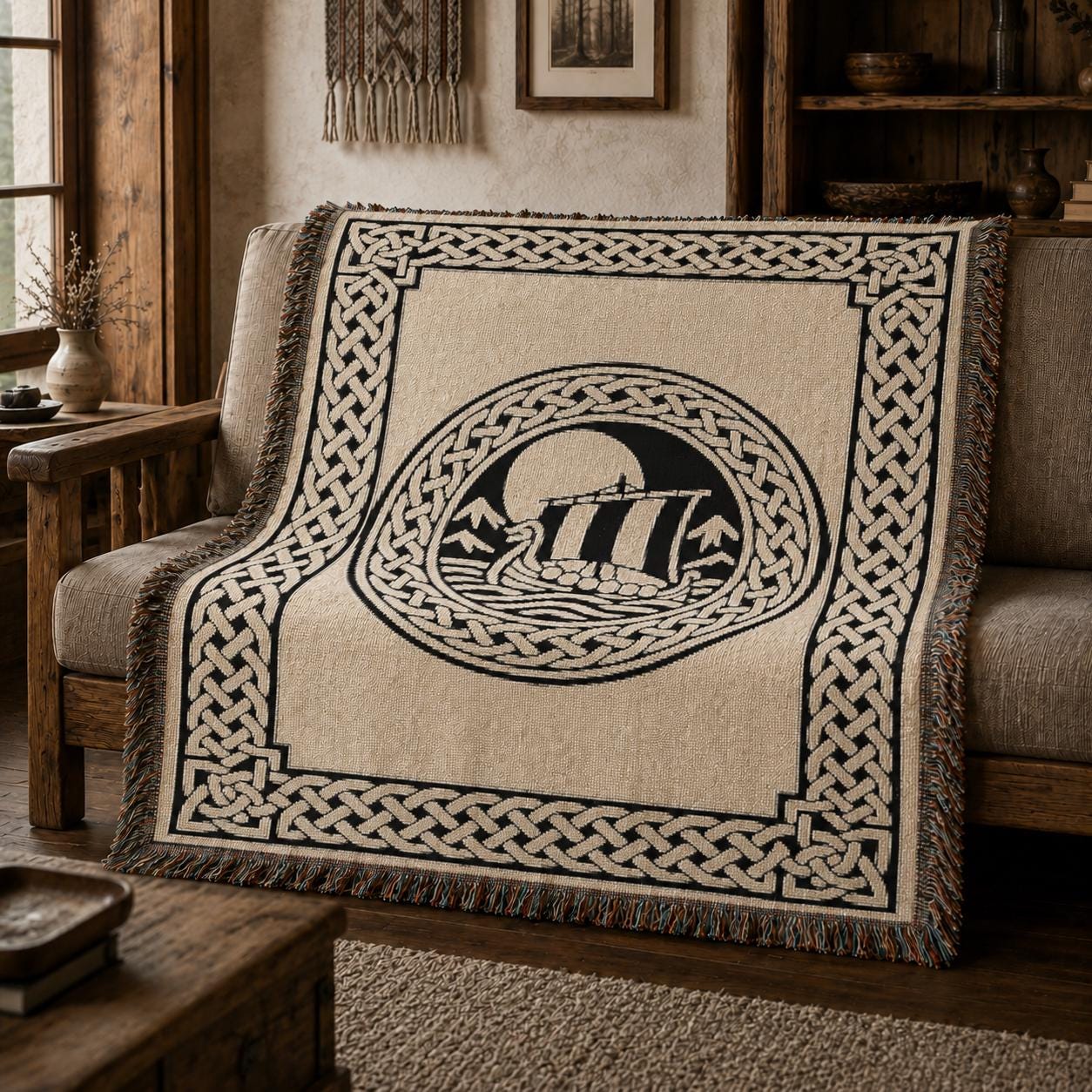 Viking Longship Blanket - Norse Blanket Viking Longship Throw, Woven Cotton Tapestry, Fringed Sofa
