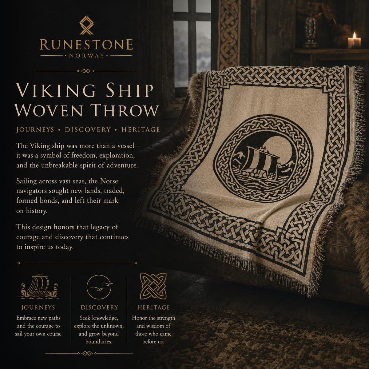 Viking Longship Blanket - Norse Blanket Viking Longship Throw, Woven Cotton Tapestry, Fringed Sofa