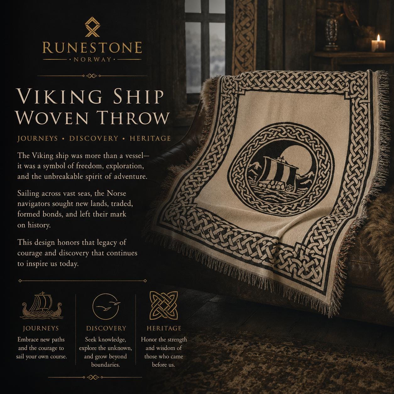 Viking Longship Blanket - Norse Blanket Viking Longship Throw, Woven Cotton Tapestry, Fringed Sofa