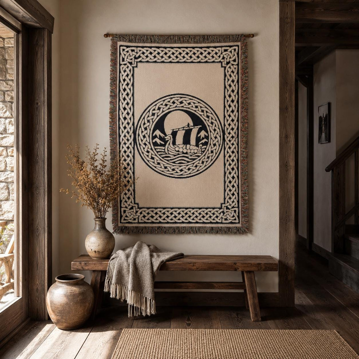 Viking Longship Blanket - Norse Blanket Viking Longship Throw, Woven Cotton Tapestry, Fringed Sofa