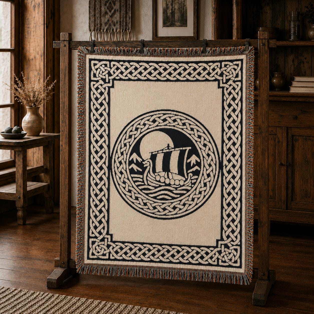 Viking Longship Blanket - Norse Blanket Viking Longship Throw, Woven Cotton Tapestry, Fringed Sofa
