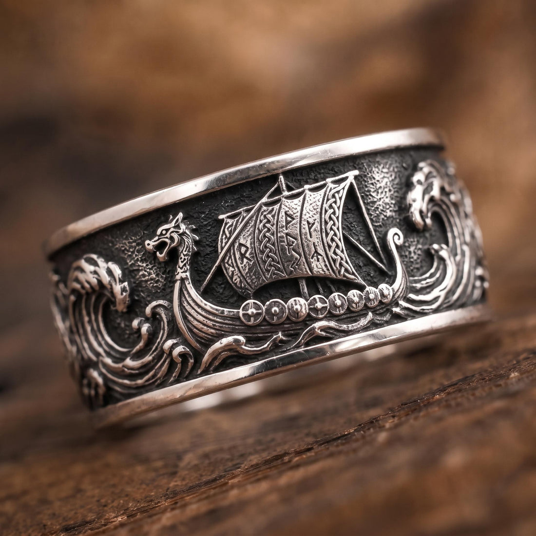 Viking Longship Ring, Oxidized Sterling Silver Band, Ocean Wave Jewelry