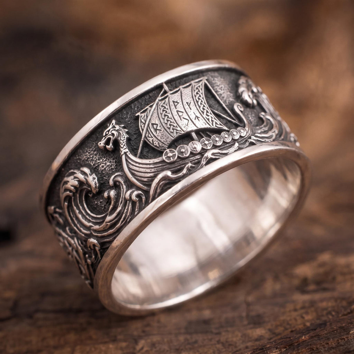 Viking Longship Ring, Oxidized Sterling Silver Band, Ocean Wave Jewelry