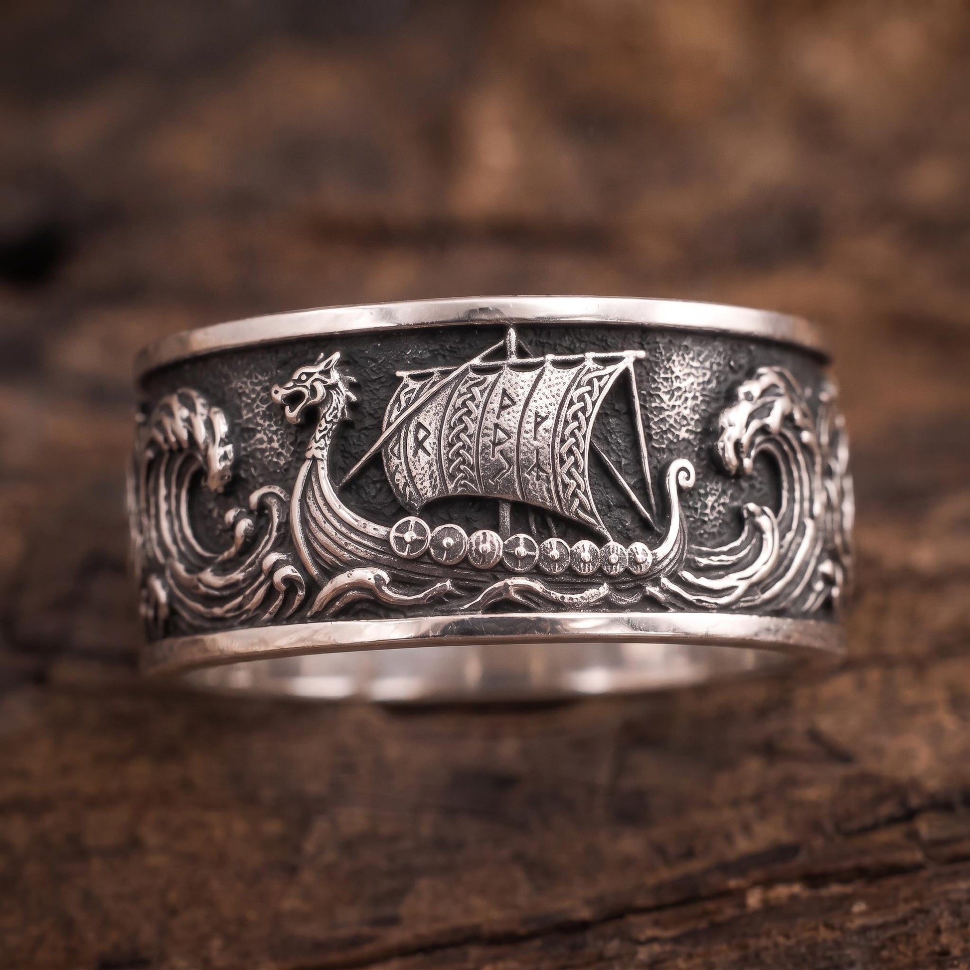 Viking Longship Ring, Oxidized Sterling Silver Band, Ocean Wave Jewelry