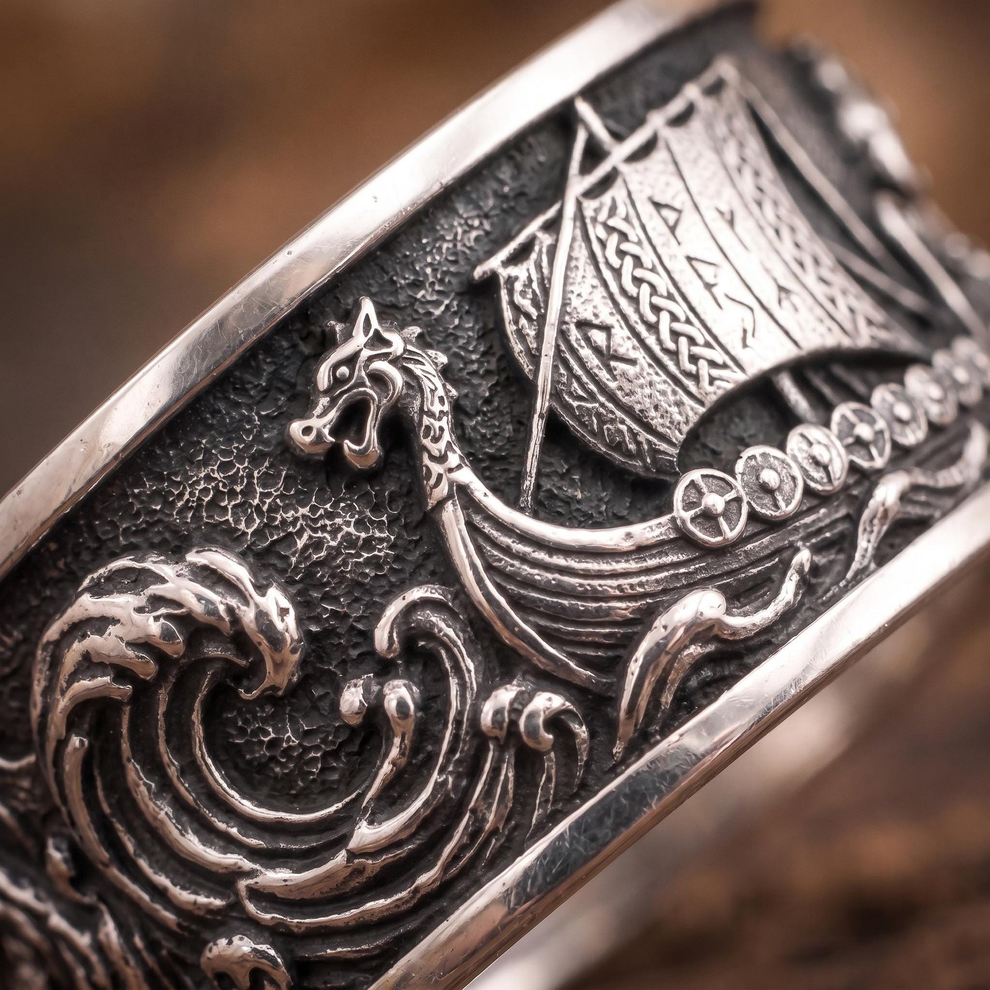 Viking Longship Ring, Oxidized Sterling Silver Band, Ocean Wave Jewelry