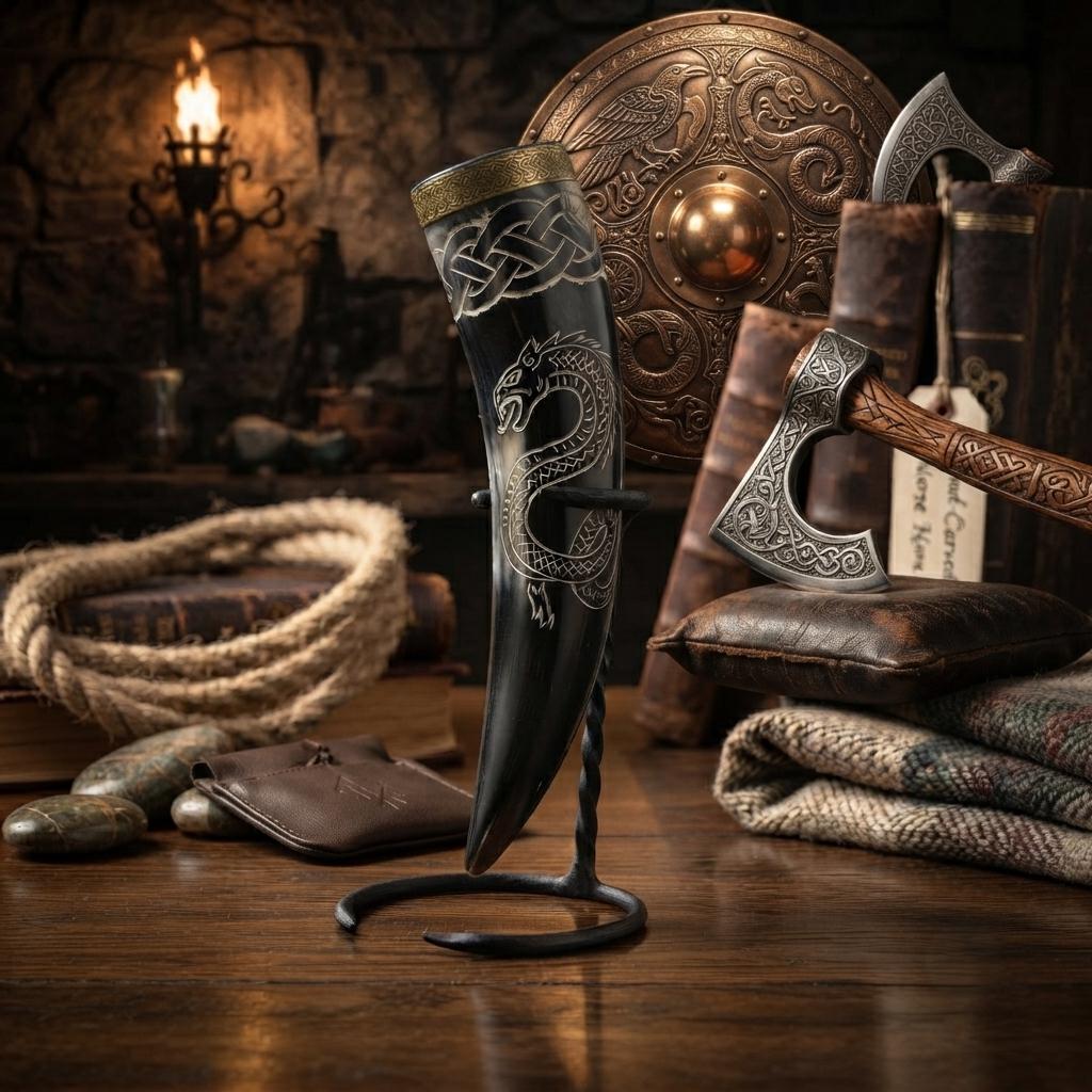 Viking Mug - Viking Drinking Horn Jormungandr Engraved, Handmade Bovine Horn Mug, Norse Mead Horn
