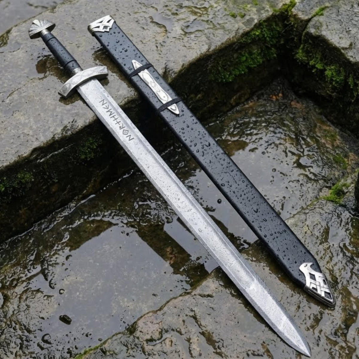 Viking Weapon Replica - Handmade Damascus Steel Celtic Leaf Sword, Viking Medieval Display Sword