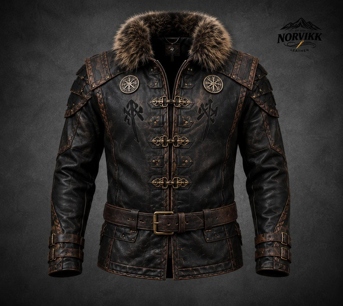 Viking Jacket - Handmade Viking Leather Jacket for Men Norse Warrior Fur Collar Coat, Medieval