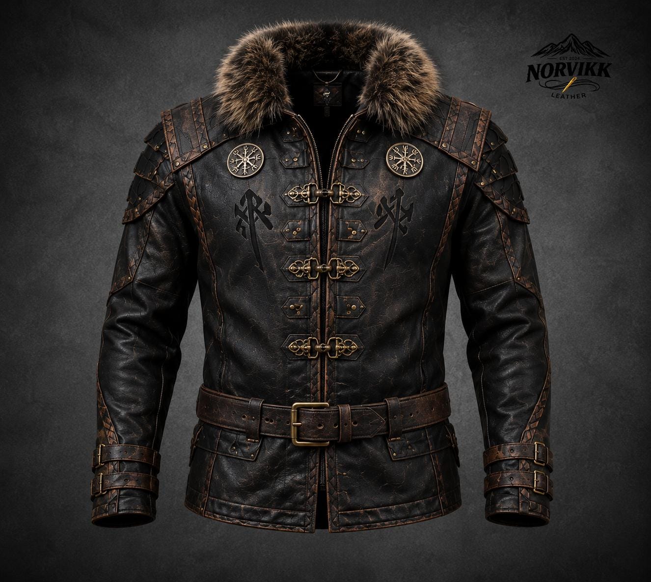 Viking Jacket - Handmade Viking Leather Jacket for Men Norse Warrior Fur Collar Coat, Medieval