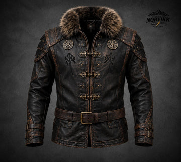 Viking Jacket - Handmade Viking Leather Jacket for Men Norse Warrior Fur Collar Coat, Medieval