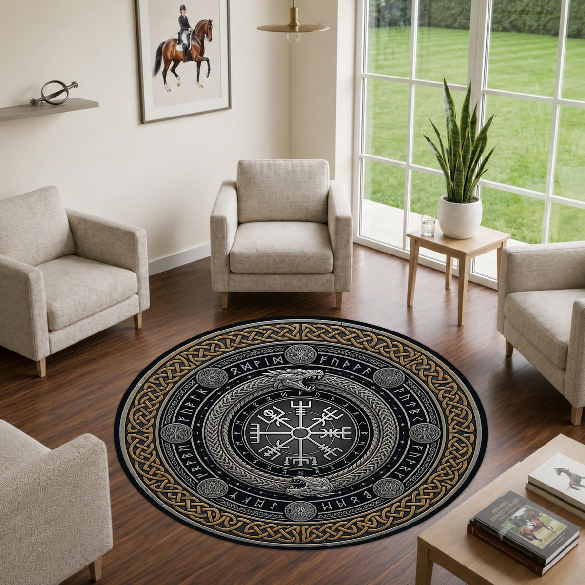 Viking Vegvisir Compass Rug - Round Viking Vegvisir Rug, Norse Compass Area Rug, Celtic Knot Nordic