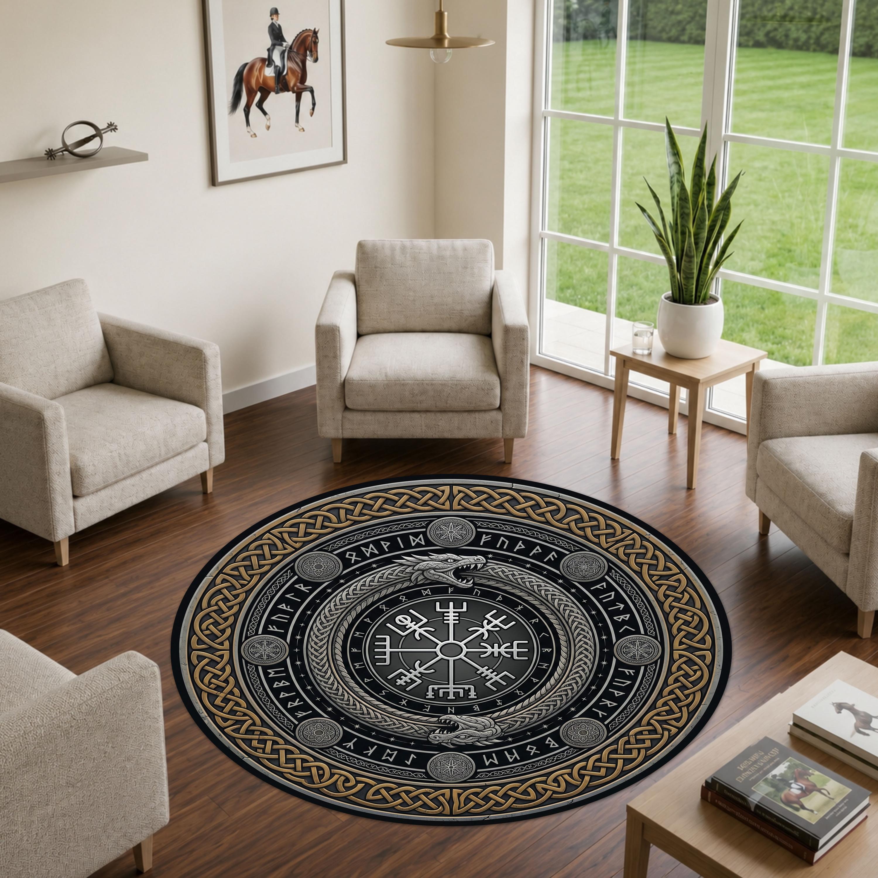 Viking Vegvisir Compass Rug - Round Viking Vegvisir Rug, Norse Compass Area Rug, Celtic Knot Nordic