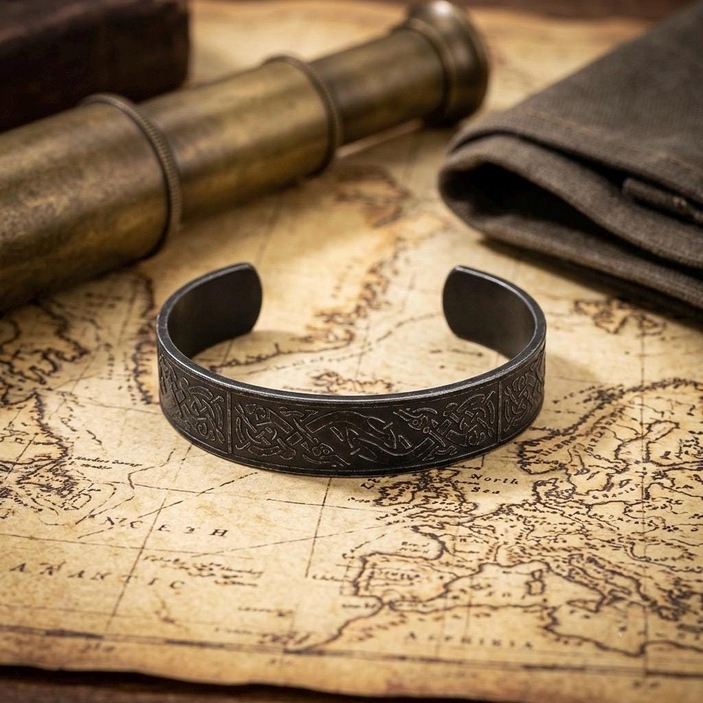 Viking Bracelet - Viking Dragon Cuff Bracelet, Stainless Steel Norse Arm Band, Midgard Serpent