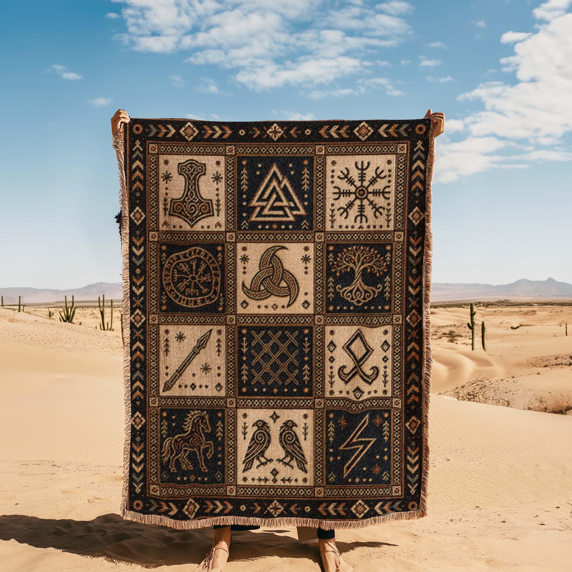Viking Rune Blanket - Nordic Symbols Cotton Woven Blanket, Viking Norse Throw, Scandinavian