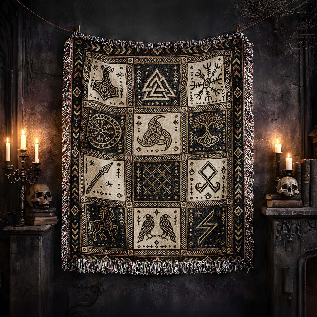 Viking Rune Blanket - Nordic Symbols Cotton Woven Blanket, Viking Norse Throw, Scandinavian