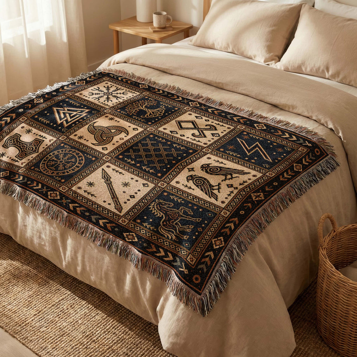 Viking Rune Blanket - Nordic Symbols Cotton Woven Blanket, Viking Norse Throw, Scandinavian