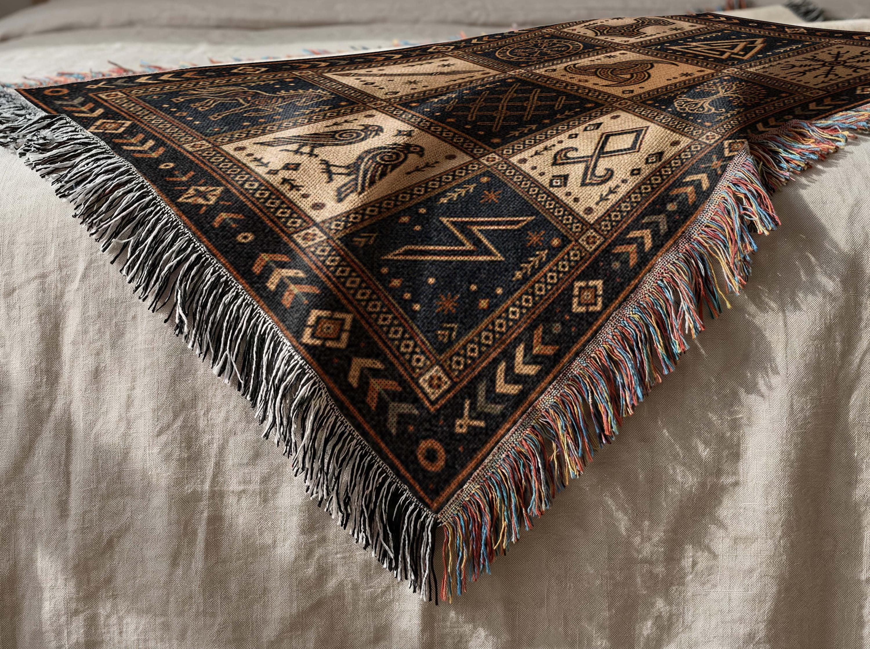 Viking Rune Blanket - Nordic Symbols Cotton Woven Blanket, Viking Norse Throw, Scandinavian