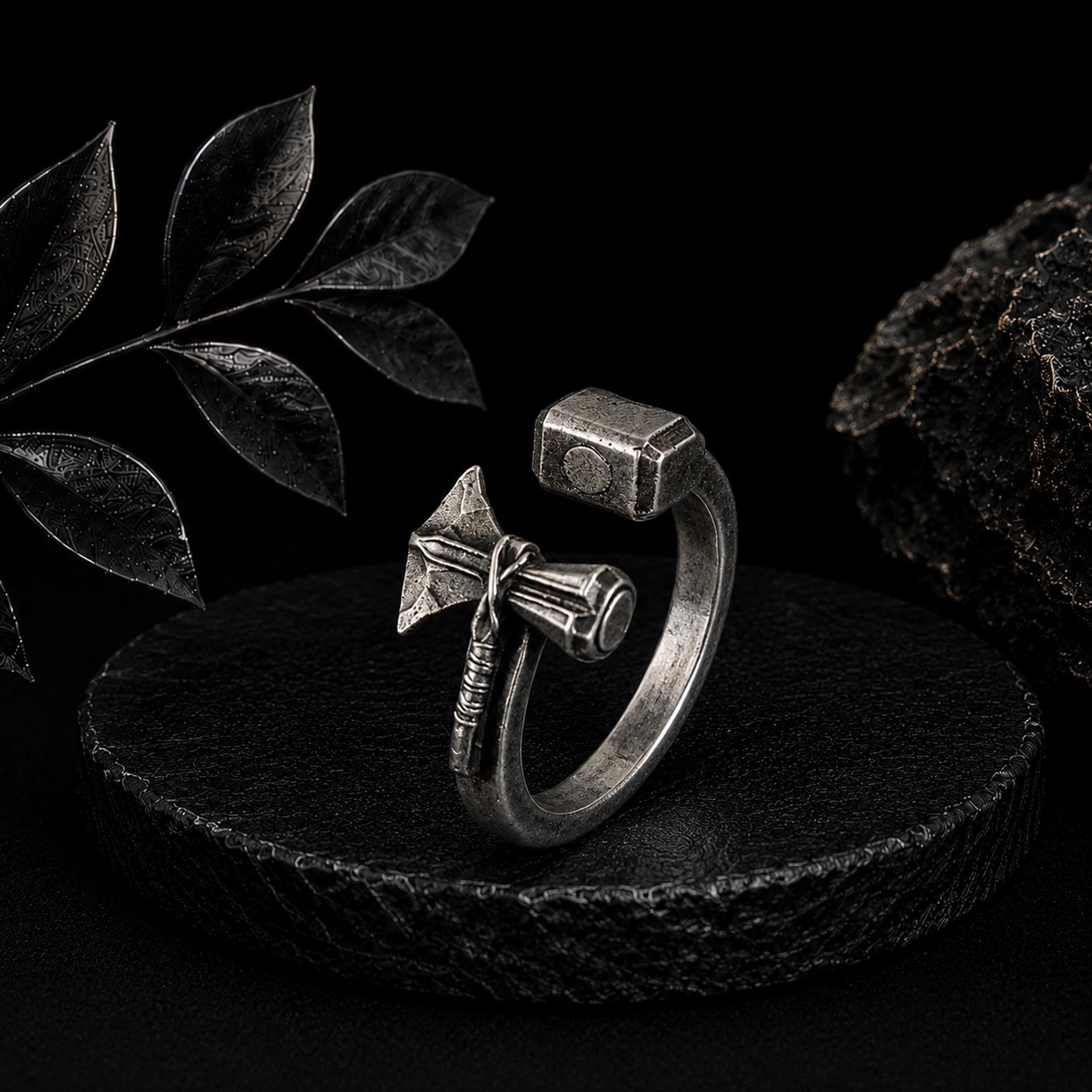 Viking Thor's Hammer Ring - Viking Thor Hammer Axe Ring, Norse Warrior Sterling Silver Jewelry