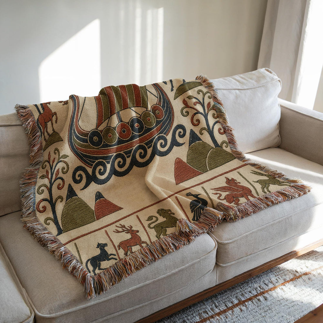 Viking Longship Blanket - Viking Ship Woven Blanket, Norse Longship Tapestry Throw, Medieval Bayeux