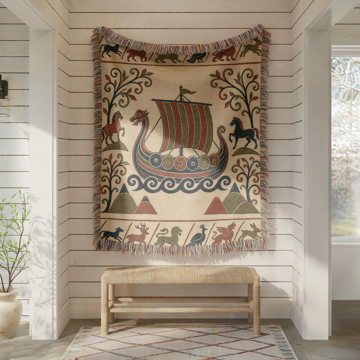 Viking Blanket - Viking Nordic Dragon Woven Cotton Throw Blanket, Fringed Tapestry Decor