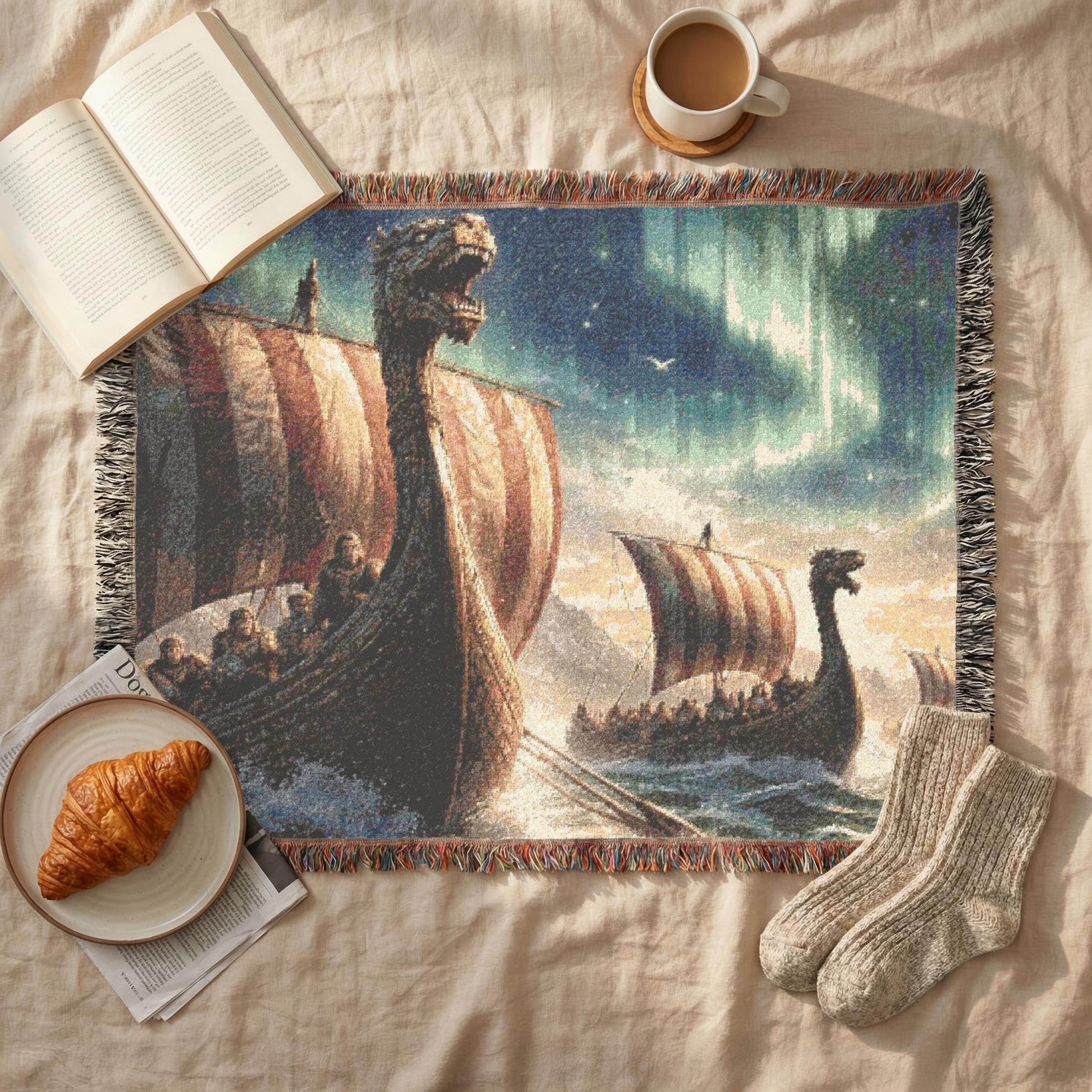 Viking Longship Blanket - Viking Longship Scene Woven Blanket, Norse Ships Aurora Tapestry Throw