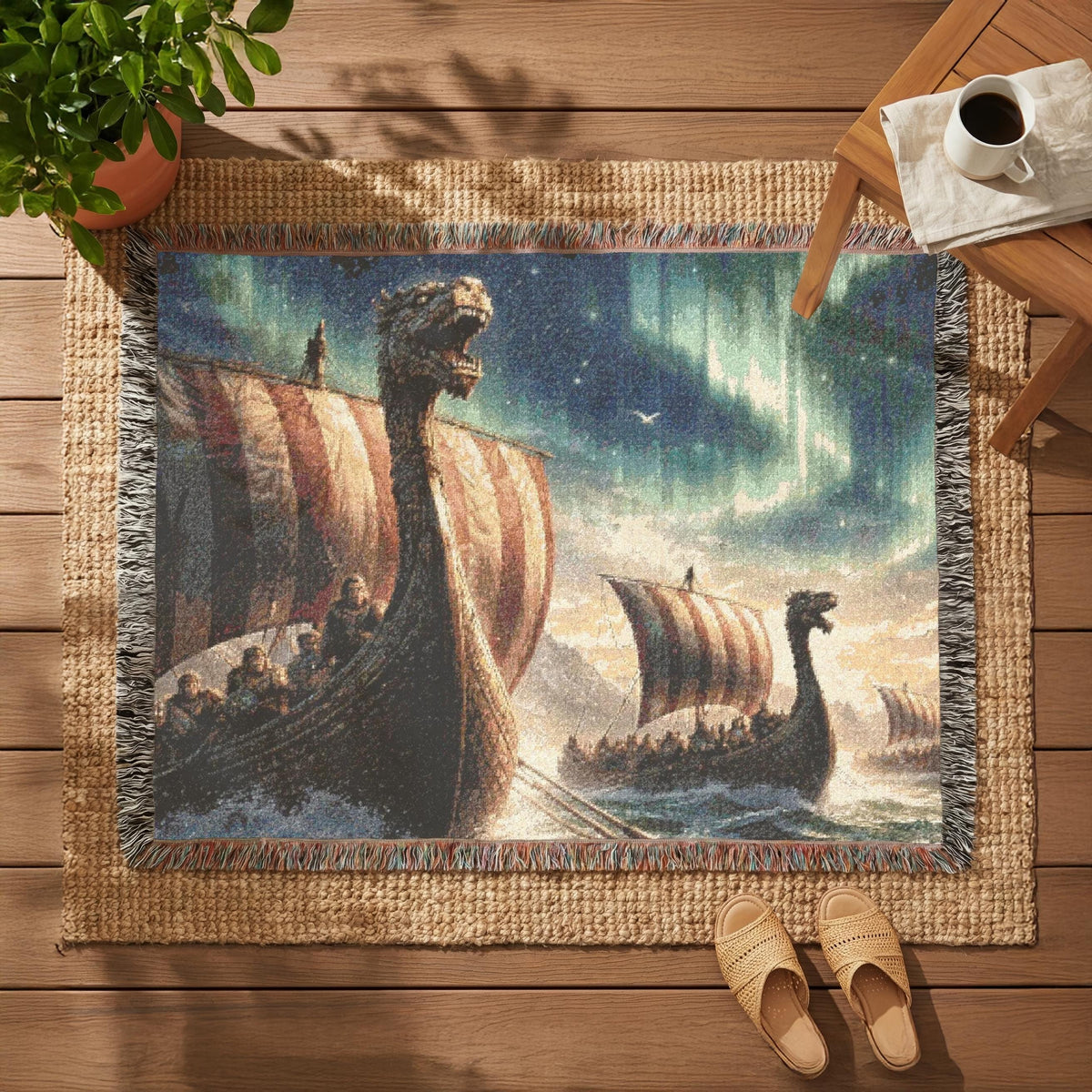 Viking Longship Blanket - Viking Longship Scene Woven Blanket, Norse Ships Aurora Tapestry Throw