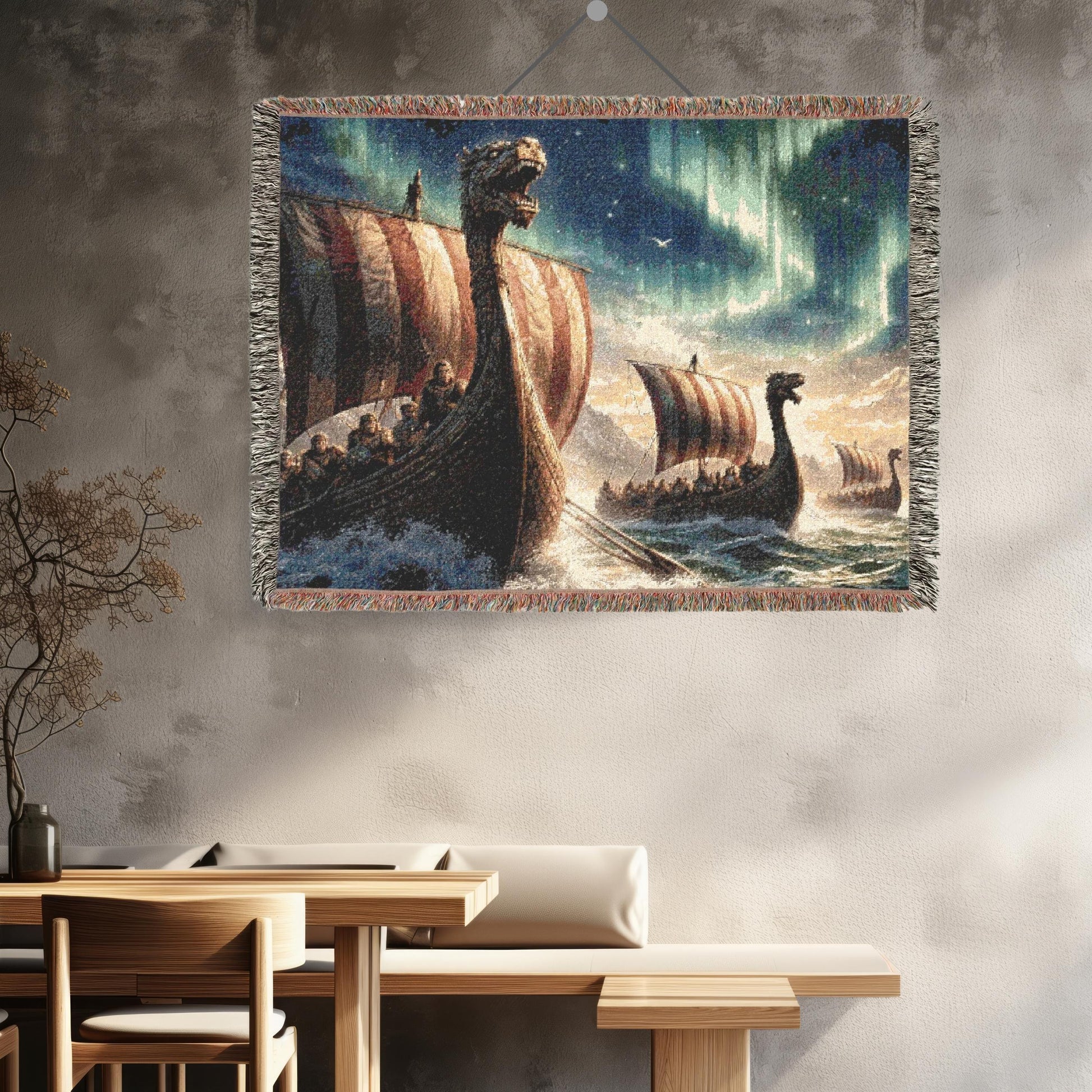 Viking Longship Blanket - Viking Longship Scene Woven Blanket, Norse Ships Aurora Tapestry Throw