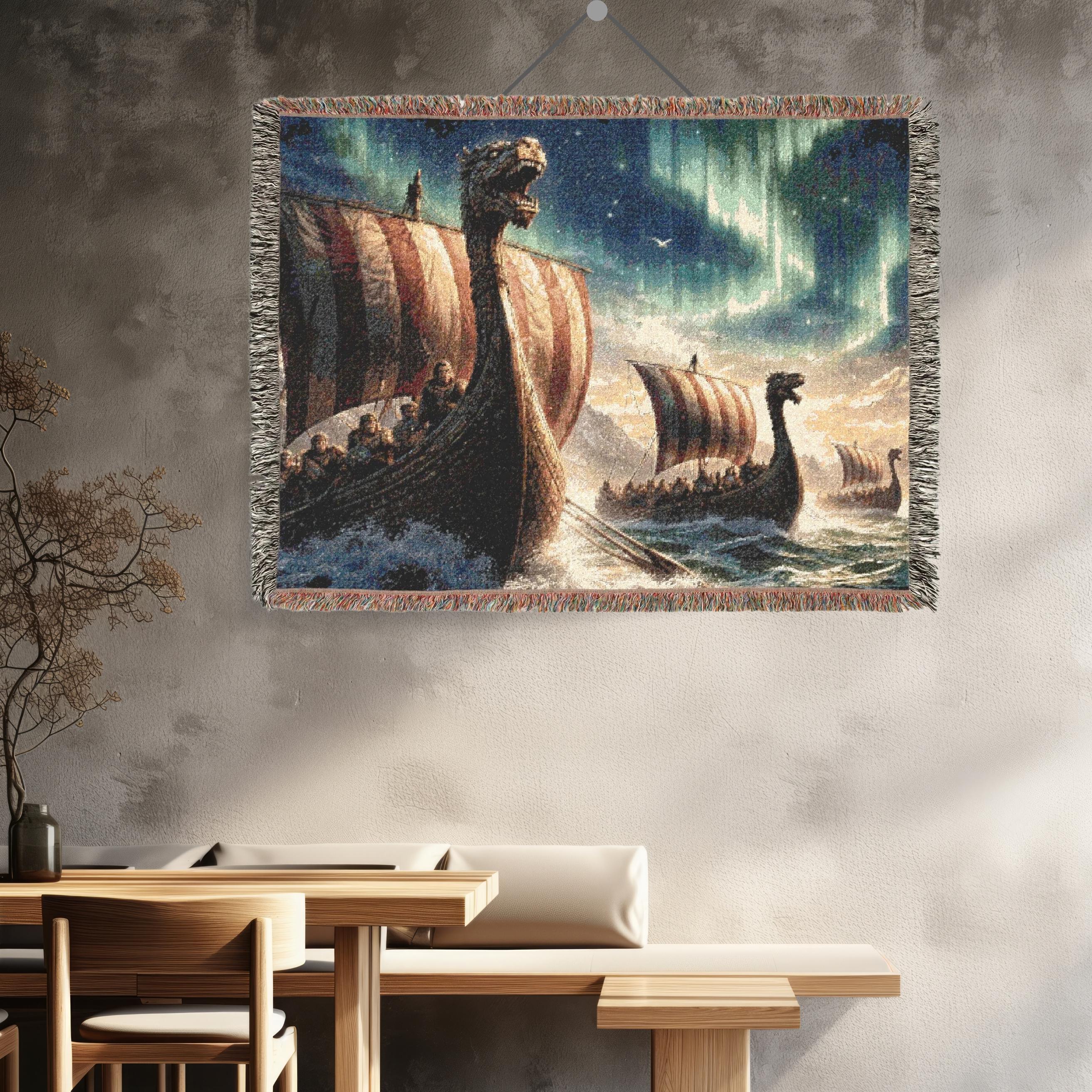 Viking Longship Blanket - Viking Longship Scene Woven Blanket, Norse Ships Aurora Tapestry Throw