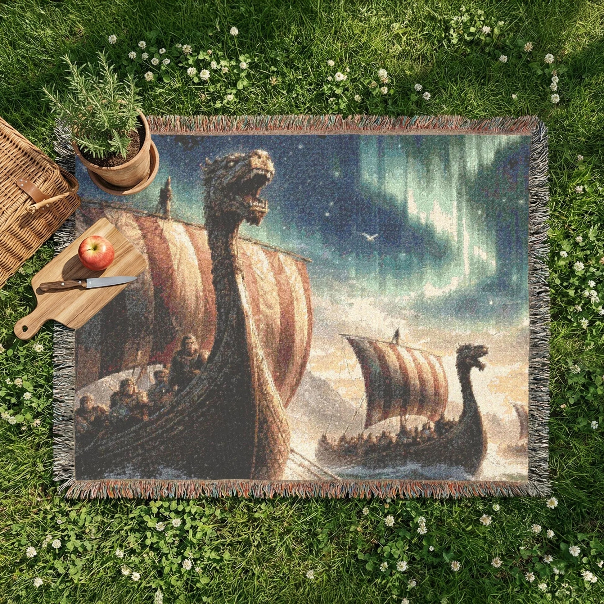 Viking Longship Blanket - Viking Longship Scene Woven Blanket, Norse Ships Aurora Tapestry Throw