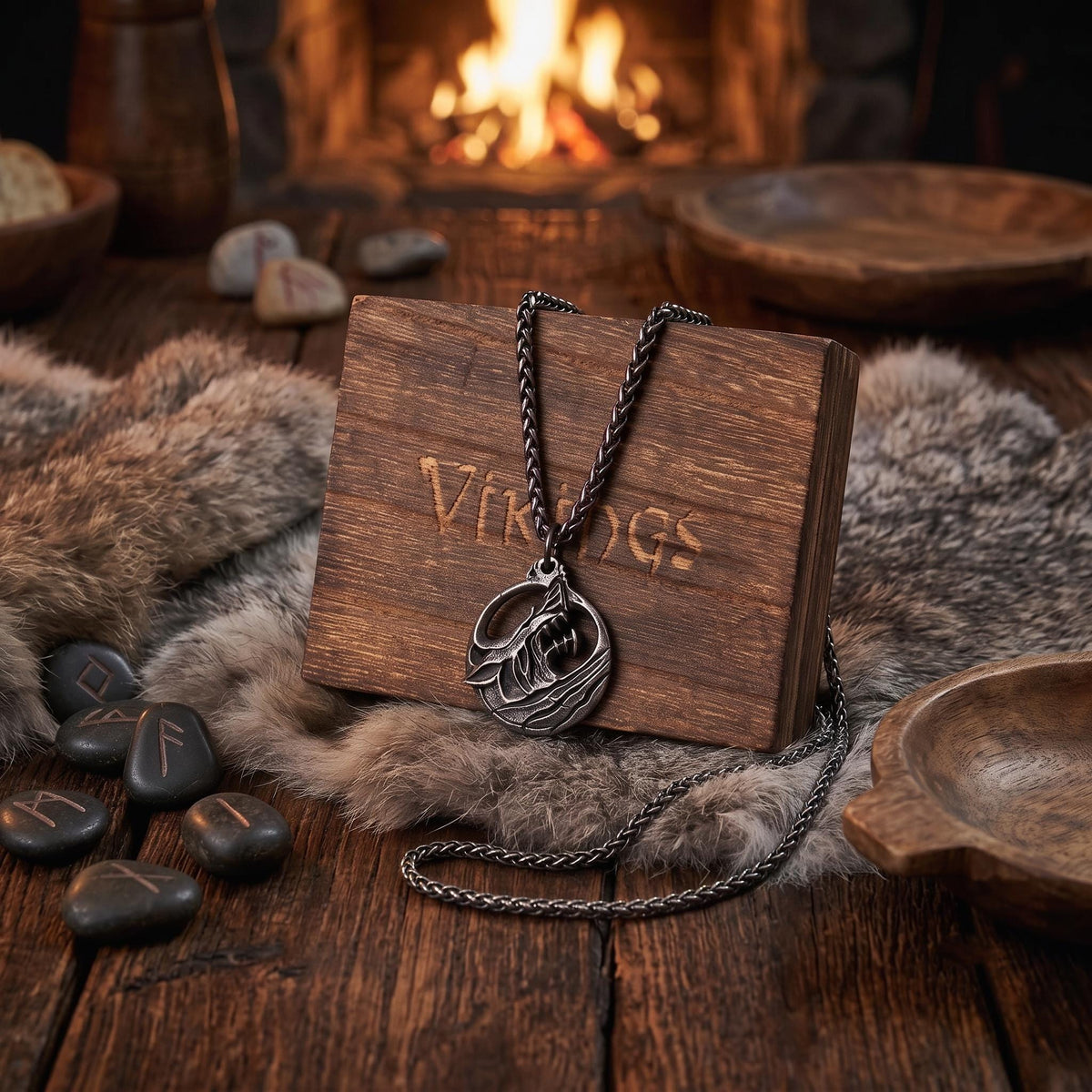Viking Thor's Hammer Necklace - Men's Viking Wolf Head Thor's Hammer Necklace, Stainless Steel