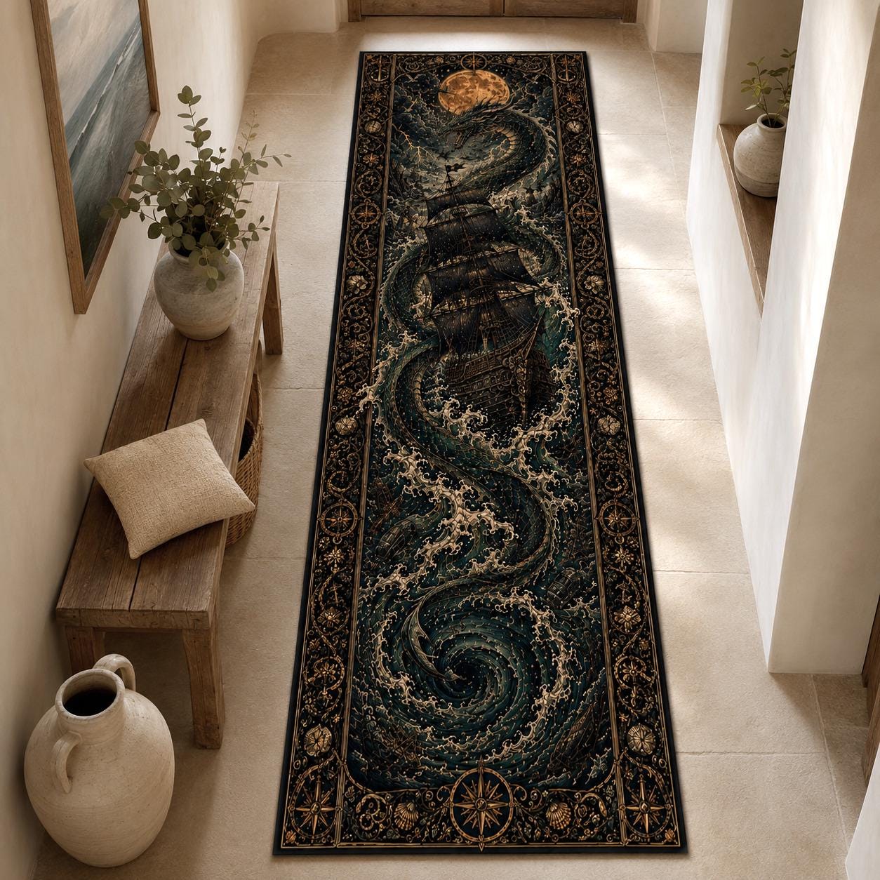 Viking Longship Rug - Viking Longship Runner Rug: Norse Dragon Boat Design, Ancient Warrior Symbol