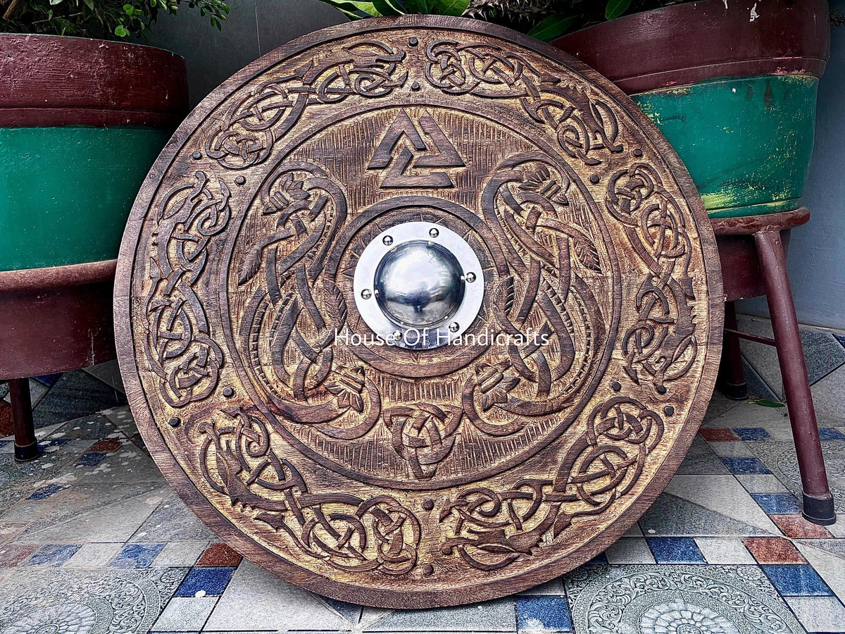 Viking Rune Weapon Replica - Handmade Viking Wooden Shield, Helm of Awe, Runes, Celtic Knots Wall