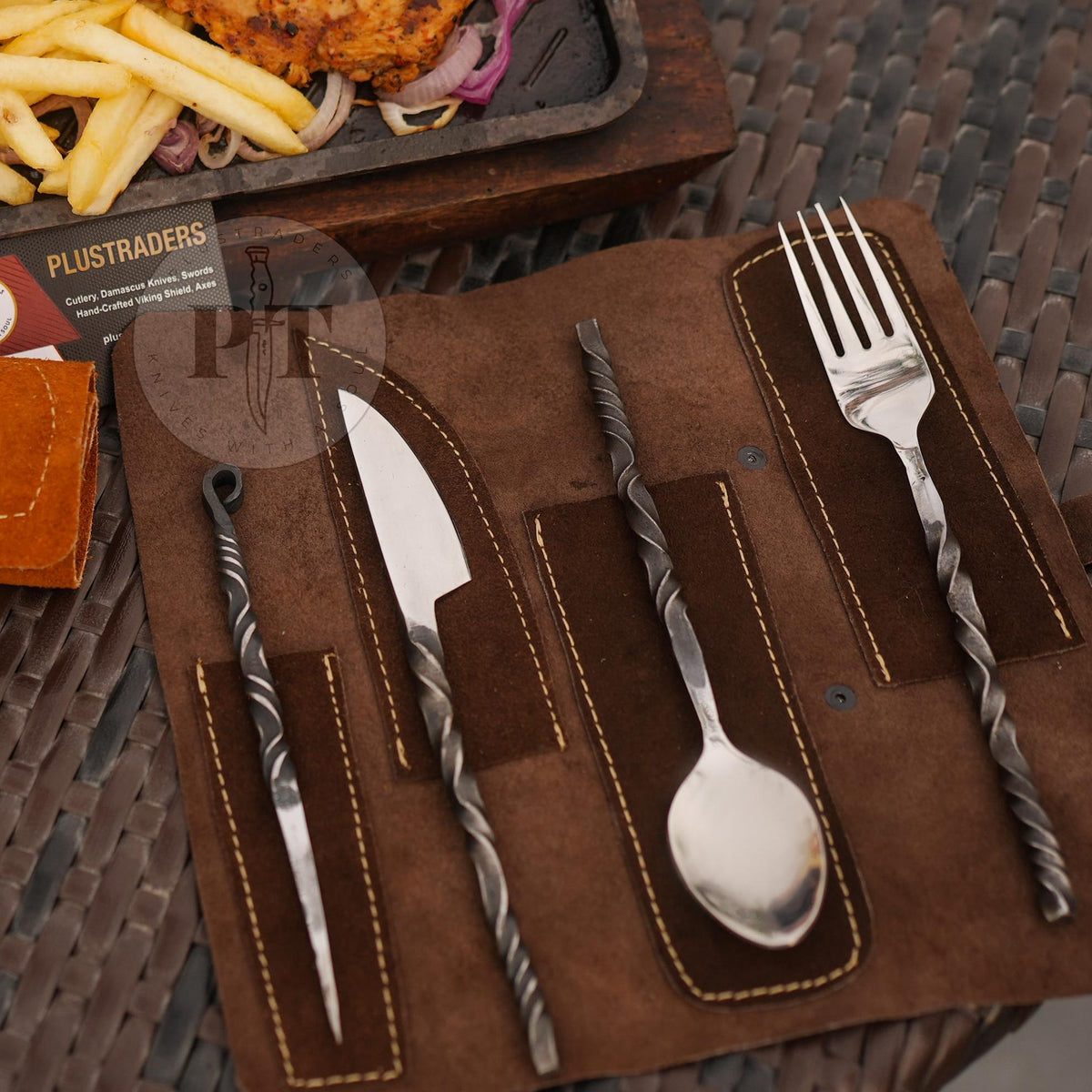 Viking Leather Accessory - Hand Forged Viking Cutlery Set – High Carbon Steel Medieval Utensils Set