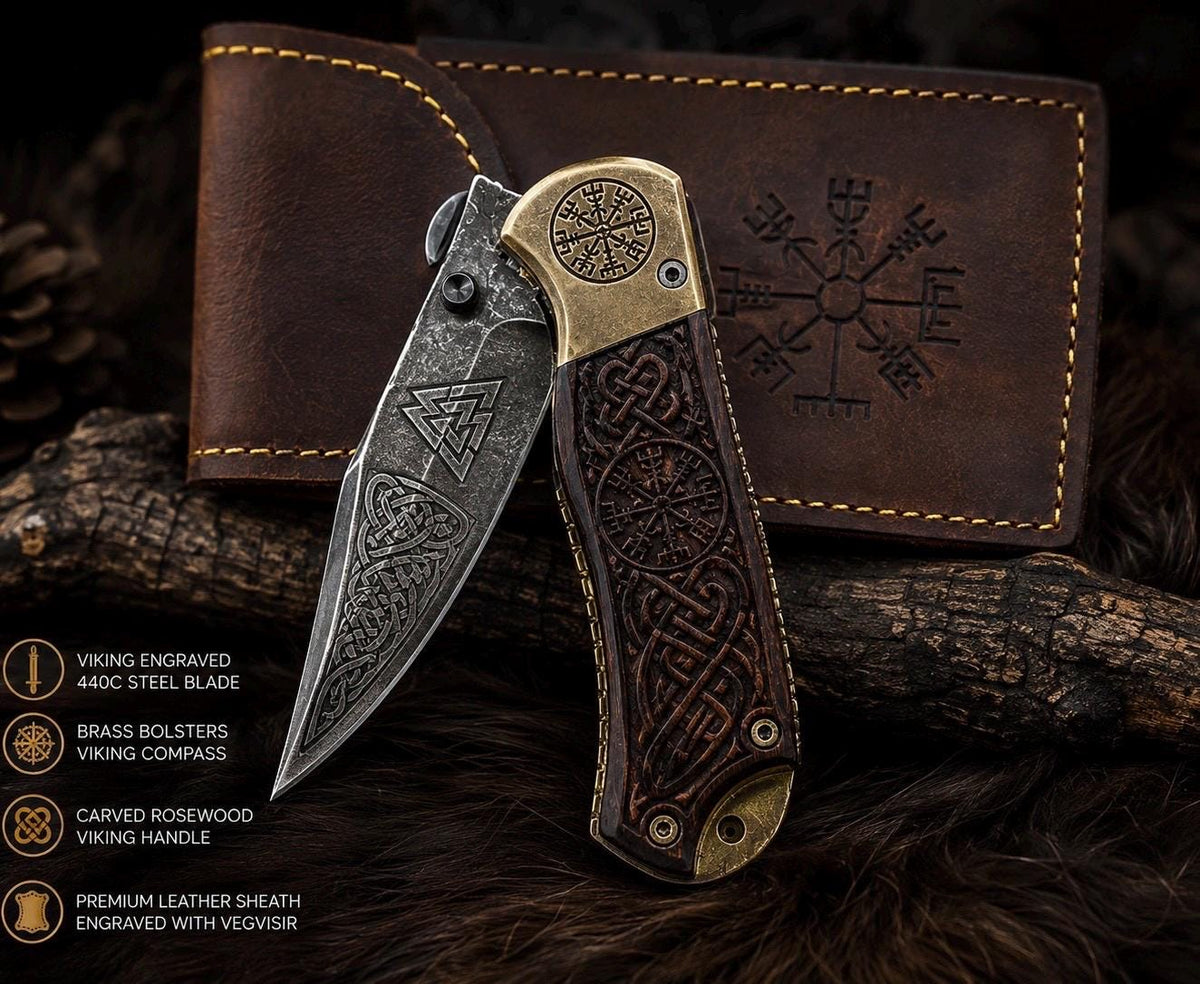 Viking Weapon Replica - Engraved Viking Folding Tool, Norse Mythology Pocket Accessory, Celtic