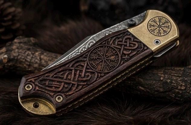 Viking Weapon Replica - Viking Engraved Folding Pocket Tool, Carved Rosewood Handle, 440C Steel