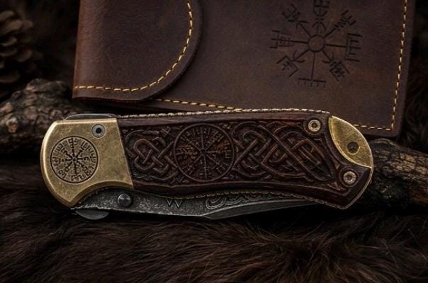 Viking Weapon Replica - Viking Engraved Folding Pocket Tool, Carved Rosewood Handle, 440C Steel