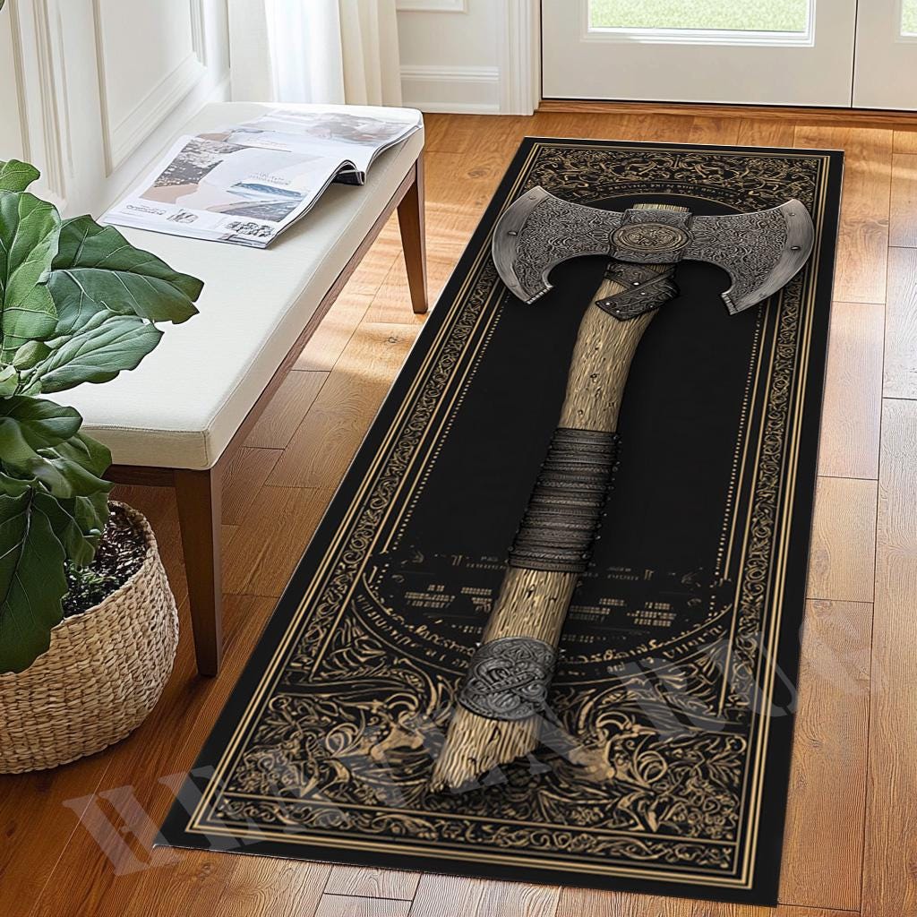 Viking Rug - Viking Axe Runner Rug, Nordic Warrior Black Gold Decor, Norse Myth Battle Axe Carpet
