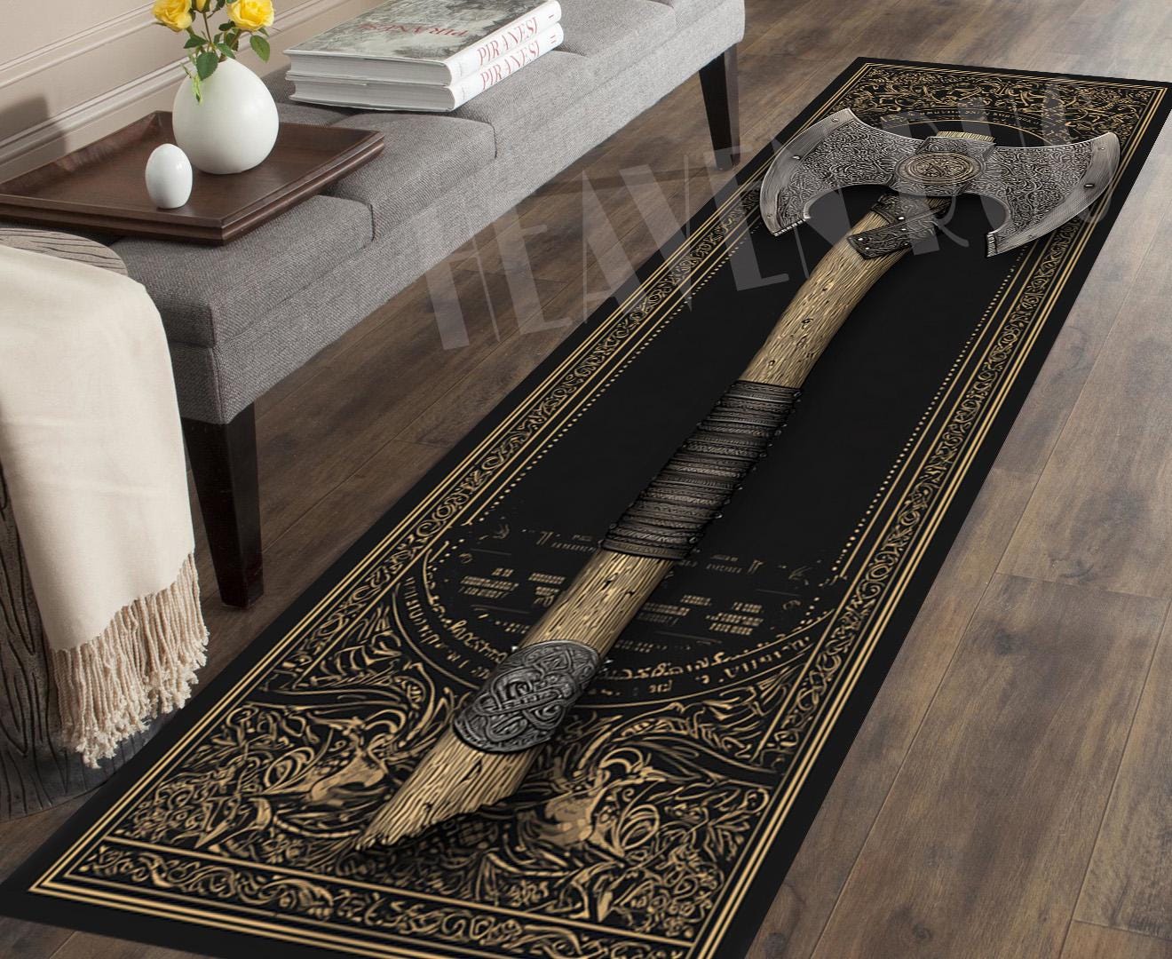 Viking Rug - Viking Axe Runner Rug, Nordic Warrior Black Gold Decor, Norse Myth Battle Axe Carpet