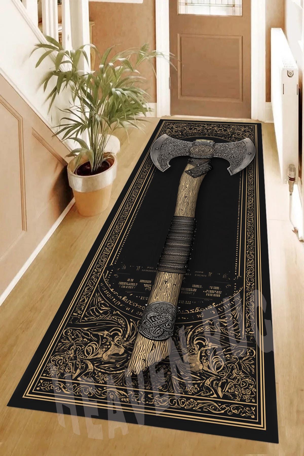 Viking Rug - Viking Axe Runner Rug, Nordic Warrior Black Gold Decor, Norse Myth Battle Axe Carpet