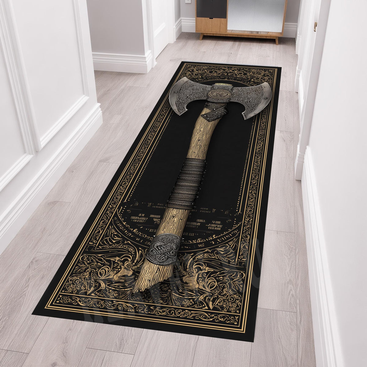 Viking Rug - Viking Axe Runner Rug, Nordic Warrior Black Gold Decor, Norse Myth Battle Axe Carpet